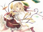  1girl blonde_hair blurry chromatic_aberration crystal depth_of_field eyebrows_behind_hair flandre_scarlet hair_between_eyes highres long_hair looking_away navel no_hat no_headwear one_side_up open_mouth petticoat red_eyes simple_background solo touhou tqg_07 white_background wings 