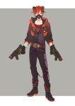  00long_tea 1boy absurdres alternate_costume badge belt black_footwear black_gloves black_jacket black_pants button_badge dual_wielding ear_clip food_fantasy full_body gas_mask gloves gun highres holding holding_gun holding_weapon horns jacket looking_at_viewer male_focus pants red_eyes redhead simple_background solo standing steak_(food_fantasy) weapon 