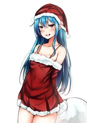  &gt;:d 1girl :d alternate_costume bare_shoulders blue_hair blush breasts collarbone cowboy_shot dress food fruit fur_trim hair_between_eyes hat highres hinanawi_tenshi long_hair looking_at_viewer open_mouth peach red_dress red_eyes sack santa_costume santa_hat short_dress sidelocks small_breasts smile solo sweat touhou white_background yuhito_(ablbex) 