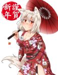  1girl animal_ears breasts chikinman cleavage collarbone hat highres inubashiri_momiji leaf looking_at_viewer maple_leaf panties pantyshot red_eyes short_hair silver_hair simple_background solo tail tokin_hat touhou translation_request underwear white_background wolf_ears wolf_tail 