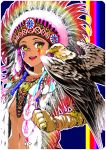  1girl bird breasts dark_skin eagle facepaint feathers kashi-k navel nengajou new_year open_mouth original smile tagme under_boob yellow_eyes 