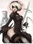  1girl absurdres blindfold blush breasts cleavage headband highres katana lips nier_(series) nier_automata panties parted_lips randy_(awesomevillage) short_hair side_slit silver_hair solo sword thigh-highs underwear weapon wind yorha_unit_no._2_type_b 