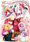  2017 bird blush cherry_blossoms chick chicken feathered_wings floral_print flower givuchoko hair_flower hair_ornament happy_new_year highres holding japanese_clothes kimono knees_up long_hair looking_at_another looking_at_viewer new_year original parted_lips personification pink_flower purple_flower red_eyes red_kimono rooster sitting sleeping solo translated white_hair wings yellow_flower 