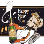  1girl alcohol bodysuit champagne champagne_bottle english happy_new_year high_ponytail highres mechanical_halo mechanical_wings mercy_(overwatch) new_year overwatch splashbrush wings yellow_wings 