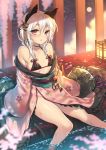  1girl animal_ears bare_shoulders black_bra blurry blush bra breasts cat_ears cherry_blossoms depth_of_field floral_print full_moon fuya_(tempupupu) hair_ornament japanese_clothes kimono looking_at_viewer moon original parted_lips red_eyes short_hair sitting sleeves_past_wrists small_breasts soaking_feet solo tail underwear wet white_hair 