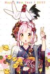  1girl 2017 bird chicken highres japanese_clothes kimono original pink_hair rooster sakuragi_ren short_hair solo v yellow_eyes 
