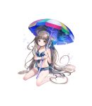  1girl absurdres ahoge beach_umbrella bikini brown_eyes brown_hair hair_ornament highres holding holding_umbrella long_hair looking_at_viewer navel sandals seashell shell sitting swimsuit thousand_memories umbrella very_long_hair wariza wet 