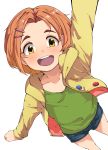  1girl arm_up blue_shorts collarbone green_shirt hair_ornament hairclip idolmaster idolmaster_cinderella_girls jacket looking_at_viewer open_mouth orange_hair ryuuzaki_kaoru shirt short_hair short_shorts shorts simple_background smile solo standing takatoo_kurosuke white_background yellow_eyes yellow_jacket 