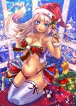  1girl akari1205 alessandra_susu bell bell_collar bikini bikini_tan blonde_hair blue_eyes breasts christmas cleavage collar hat highres long_hair medium_breasts santa_hat smile solo swimsuit tan tanline thigh-highs tokyo_7th_sisters white_legwear 