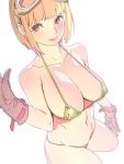  1girl bikini blonde_hair bob_cut breasts brown_gloves cleavage collarbone earrings gloves goggles goggles_on_head goshiki_suzu hand_up highres jewelry large_breasts looking_at_viewer micro_bikini navel original red_eyes short_hair simple_background sketch smile solo swimsuit white_background yellow_bikini 