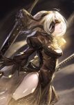  1girl blindfold breasts chains cleavage ecens highres katana nier_(series) nier_automata panties parted_lips profile puffy_sleeves side_slit silver_hair solo sword underwear weapon yorha_unit_no._2_type_b 