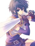  1girl armor belt black_hair breastplate fingerless_gloves fire_emblem fire_emblem:_seisen_no_keifu gloves holding holding_weapon lakche_(fire_emblem) looking_at_viewer pauldrons smile solo solo_focus sword violet_eyes weapon 