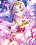  1girl anastasia_(idolmaster) artist_request bangs blue_eyes cherry_blossoms collarbone flower idolmaster idolmaster_cinderella_girls japanese_clothes jewelry looking_at_viewer necklace official_art short_hair silver_hair sitting smile solo 