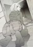  1girl ass chips cupboard food greyscale hood hoodie indoors kneeling looking_back monochrome nakajima_ryou original potato_chips ribbed_sweater short_shorts shorts snack soles solo sweatdrop sweater thigh-highs 