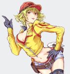  1girl artist_request baseball_cap belt bikini bikini_top black_gloves blonde_hair breast_pocket breasts cidney_aurum cleavage cropped_jacket denim denim_shorts final_fantasy final_fantasy_xv gloves goggles goggles_around_neck green_eyes grey_background hand_on_hip hat hips holster jacket lips lipstick long_sleeves makeup midriff navel open_clothes open_jacket pouch red_bikini short_hair short_shorts shorts simple_background solo swimsuit thigh-highs unzipped yellow_jacket 