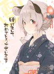  1girl akagashi_hagane alternate_costume animal_ears blush chicken_costume floral_print flower grey_hair hair_flower hair_ornament japanese_clothes kimono light_smile long_sleeves looking_at_viewer mouse mouse_ears nazrin nose_blush obi red_eyes ribbon sash short_hair solo touhou translated upper_body 