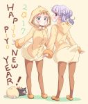  2017 2girls animal bangs blonde_hair blue_eyes cat chick_costume chicken_costume cosplay double_bun from_behind full_body happy_new_year highres hood hoodie kneepits legs long_sleeves looking_at_viewer looking_back low_twintails multiple_girls new_game! new_year pantyhose purple_hair sakura_nene simple_background spread_fingers standing suzukaze_aoba tokunou_shoutarou twintails violet_eyes yellow_background 