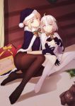  2girls black_legwear blonde_hair character_request christmas fate/grand_order fate_(series) feet flat_chest hug jeanne_alter_(santa_lily)_(fate) legs looking_at_viewer magicxiang multiple_girls pantyhose saber santa_alter short_hair smile thighband_pantyhose white_legwear yellow_eyes 