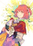  1girl animal bell bird chicken cowboy_shot feathers grin hair_bell hair_ornament hillly_(maiwetea) holding_animal japanese_clothes kimono layered_clothing layered_kimono long_sleeves looking_at_viewer motoori_kosuzu one_side_up pink_eyes pink_hair pom_pom_(clothes) rooster smile solo touhou wide_sleeves 