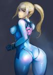  1girl arm ass blonde_hair blue_eyes breasts clenched_hand from_behind grey_background highres impossible_clothes johan_(johan13) lips long_hair looking_at_viewer looking_back medium_breasts metroid nintendo nose ponytail samus_aran serious shiny shiny_hair skin_tight solo standing zero_suit 