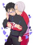  2boys black_hair blue-framed_eyewear blue_eyes blush brown_eyes glasses hair_over_one_eye heart hug hug_from_behind jacket katsuki_yuuri male_focus momohara_kana multiple_boys silver_hair smile track_jacket viktor_nikiforov yaoi yuri!!!_on_ice 