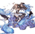  1girl blonde_hair blue_eyes breasts cleavage dress flower granblue_fantasy hair_flower hair_ornament high_heels holding jar looking_away minaba_hideo oceanus_(granblue_fantasy) open_mouth petals smile solo thigh-highs transparent_background urn water 