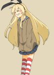  1girl alternate_costume blonde_hair blush closed_eyes hairband hands_in_pockets jacket kantai_collection long_hair pleated_skirt senzaki shimakaze_(kantai_collection) simple_background skirt smile solo striped striped_legwear thigh-highs 