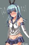  1girl animal_ears ar_(lover_boy) black_panties blue_eyes blue_hair blush breasts collarbone cosplay embarrassed eyebrows_visible_through_hair grey_background hairband hatsukaze_(kantai_collection) highres kantai_collection long_hair matching_hair/eyes midriff miniskirt navel nose_blush panties pleated_skirt rabbit_ears shimakaze_(kantai_collection) shimakaze_(kantai_collection)_(cosplay) simple_background skindentation skirt small_breasts solo striped striped_legwear thong translation_request underwear wavy_mouth 