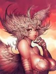  1girl bare_shoulders big_hair breasts brown_eyes claws fumio_(rsqkr) large_breasts long_hair looking_at_viewer original parted_lips solo white_hair wings 