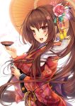  1girl :d alternate_costume bangs bloom blush brown_eyes brown_hair cherry_blossoms cup eyebrows_visible_through_hair floral_print flower from_side goushou hair_flower hair_ornament hair_stick happy_new_year japanese_clothes kantai_collection kimono long_hair looking_at_viewer looking_to_the_side new_year obi open_mouth oriental_umbrella ponytail sakazuki sash sidelocks smile solo umbrella upper_body very_long_hair yamato_(kantai_collection) 