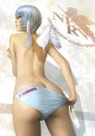  1girl angel ass ayanami_rei back bangs blue_hair blue_panties butt_crack character_name closed_mouth cowboy_shot feathered_wings from_below looking_at_viewer looking_back looking_down mini_wings neon_genesis_evangelion nerv panties panty_pull profile pulled_by_self realistic red_eyes short_hair solo topless underwear watanabe_yasuaki white_wings wings 