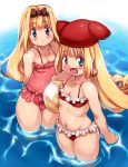  2girls :d ball beachball bikini blonde_hair blue_eyes bow breasts brown_bow collarbone crea_rosenqueen earrings flipped_hair hair_bow hat jewelry kururu_(little_princess) little_princess long_hair looking_at_viewer marl_kingdom multiple_girls navel open_mouth partially_submerged pink_swimsuit red_bikini red_hat small_breasts smile swimsuit water wet yu_3 
