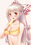  1girl bikini blush bow breasts cleavage collarbone eyebrows_visible_through_hair food fujiwara_no_mokou hair_bow halterneck highres hime_cut large_breasts popsicle red_eyes sexually_suggestive shangguan_feiying silver_hair solo swimsuit touhou 