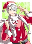  1boy 92_(artist) belt blue_eyes christmas hair_over_one_eye hat male_focus open_mouth sack salute santa_costume santa_hat scarf silver_hair smile snowflakes viktor_nikiforov yuri!!!_on_ice 