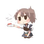  apron black_eyes brown_hair chibi food hakama_skirt holding holding_plate japanese_clothes jitome kaga_(kantai_collection) kantai_collection lowres muneate plate rebecca_(keinelove) side_ponytail sushi white_background 