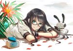  1girl absurdres black_hair blue_eyes breast_press flower gloves highres iyokamioto long_hair looking_at_viewer lying on_stomach petals smile solo 