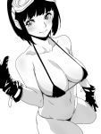  1girl bikini bob_cut breasts cleavage collarbone commentary earrings gloves goggles goggles_on_head goshiki_suzu greyscale hand_up highres jewelry large_breasts looking_at_viewer micro_bikini monochrome navel original short_hair smile solo swimsuit 