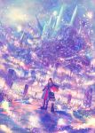  1girl bag black_cat black_eyes black_hair boots capelet cat city colorful dutch_angle fantasy flower highres light_particles long_hair looking_at_viewer original road robe sakimori_(hououbds) satchel scenery smile solo tower waving wind 