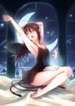  1girl ;o arched_back arm_behind_head arm_up armpits bare_legs barefoot bat_wings book book_on_lap breasts brown_hair cat_bell_(artist) chemise cleavage demon_girl demon_tail falling_star fang feathers feet glowing glowing_feather lingerie long_hair night night_sky nightgown on_bed one_eye_closed original pillow pointy_ears red_eyes sitting sky sleepy slit_pupils small_breasts solo star_(sky) stretch tail tears underwear whip wings yawning 