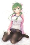  1girl arm_support blush breasts cardigan collarbone eyebrows eyebrows_visible_through_hair green_eyes green_hair hair_between_eyes hair_ornament highres large_breasts long_hair looking_at_viewer open_mouth original pantyhose shirt shorts simple_background sitting solo thighs tokki wariza 