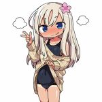  1girl blonde_hair blue_eyes blush clothes_lift covered_navel flower hair_flower hair_ornament kanikama kantai_collection long_hair lowres one-piece_tan ro-500_(kantai_collection) school_swimsuit smile solo standing sweater sweater_lift swimsuit swimsuit_under_clothes tan tanline tongue tongue_out v 