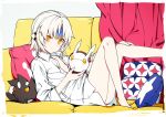  1girl barefoot buttons closed_mouth collarbone collared_shirt couch curtains elsword eve_(elsword) facial_mark flat_chest forehead_jewel headgear hwansang leg_up looking_at_viewer naked_shirt one_leg_raised pillow shirt short_hair silver_hair sitting solo unbuttoned unbuttoned_shirt white_shirt yellow_eyes 