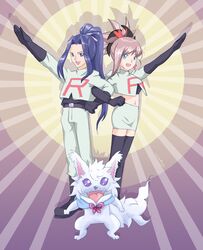  1boy 1girl assassin_(fate/stay_night) black_boots black_gloves blue_eyes blue_hair boots cosplay elbow_gloves fate/grand_order fate/stay_night fate_(series) fou_(fate/grand_order) gloves hair_ornament highres kojirou_(pokemon) kojirou_(pokemon)_(cosplay) locked_arms lolita_majin long_hair meowth meowth_(cosplay) miyamoto_musashi_(fate/grand_order) musashi_(pokemon) musashi_(pokemon)_(cosplay) namesake open_mouth pokemon ponytail purple_hair skirt smile team_rocket thigh-highs thigh_boots zettai_ryouiki 