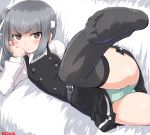  &gt;:\ 1girl belt black_legwear blush brown_eyes chin_rest couch dated dd_(ijigendd) dress feet foreshortening green_panties grey_hair headband kantai_collection kasumi_(kantai_collection) leg_up lying no_shoes on_couch on_side panties pantyshot pantyshot_(lying) scowl solo thigh-highs thighs underwear zettai_ryouiki 