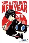  1boy 2017 black_hair blue_eyes cat english glasses kurusu_akira looking_at_viewer morgana_(persona_5) official_art persona persona_5 short_hair smile 