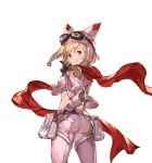  1girl animal_hat ass blonde_hair djeeta_(granblue_fantasy) gloves goggles goggles_on_head granblue_fantasy hat jacket looking_at_viewer minaba_hideo official_art open_clothes open_jacket red_scarf scarf short_hair smile solo transparent_background 