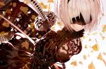  1girl atha_(leejuiping) black_dress blindfold breasts cleavage_cutout dress highres mole mole_under_mouth nier_(series) nier_automata puffy_sleeves short_hair solo sword weapon white_hair yorha_unit_no._2_type_b 