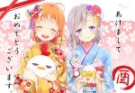  2girls :d ^_^ ahoge akeome artist_name bangs blue_eyes bow braid closed_eyes commentary_request earrings grey_hair hair_bow hair_ornament highres holding japanese_clothes jewelry kimono looking_at_viewer love_live! love_live!_sunshine!! multiple_girls natsu_(natume0504) new_year open_mouth orange_hair short_hair side_braid smile takami_chika twitter_username upper_body watanabe_you year_of_the_rooster yellow_bow 
