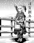  arrow bag japanese_clothes kantai_collection kimono long_hair monochrome murakumo_(kantai_collection) snow yoshika_fuumi yukata 