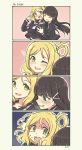  2girls 4koma @_@ black_hair blonde_hair blush breast_grab breasts comic drooling grabbing green_eyes groping hair_ornament hairclip highres kurosawa_dia large_breasts love_live! love_live!_school_idol_project multiple_girls ohara_mari one_side_up pas_(paxiti) saliva school_uniform serafuku you_gonna_get_raped yuri 